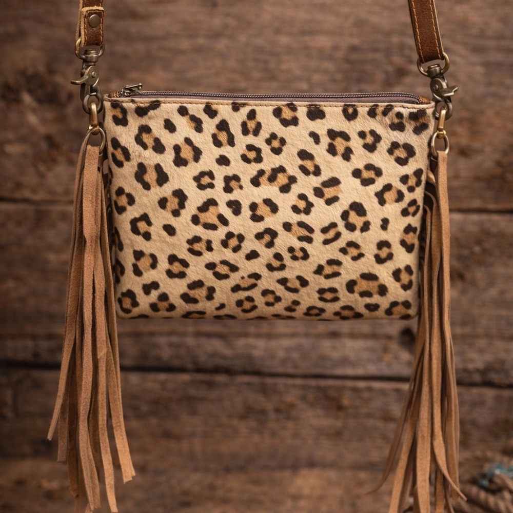 Leopard Print Crossbody with Tan Fringe